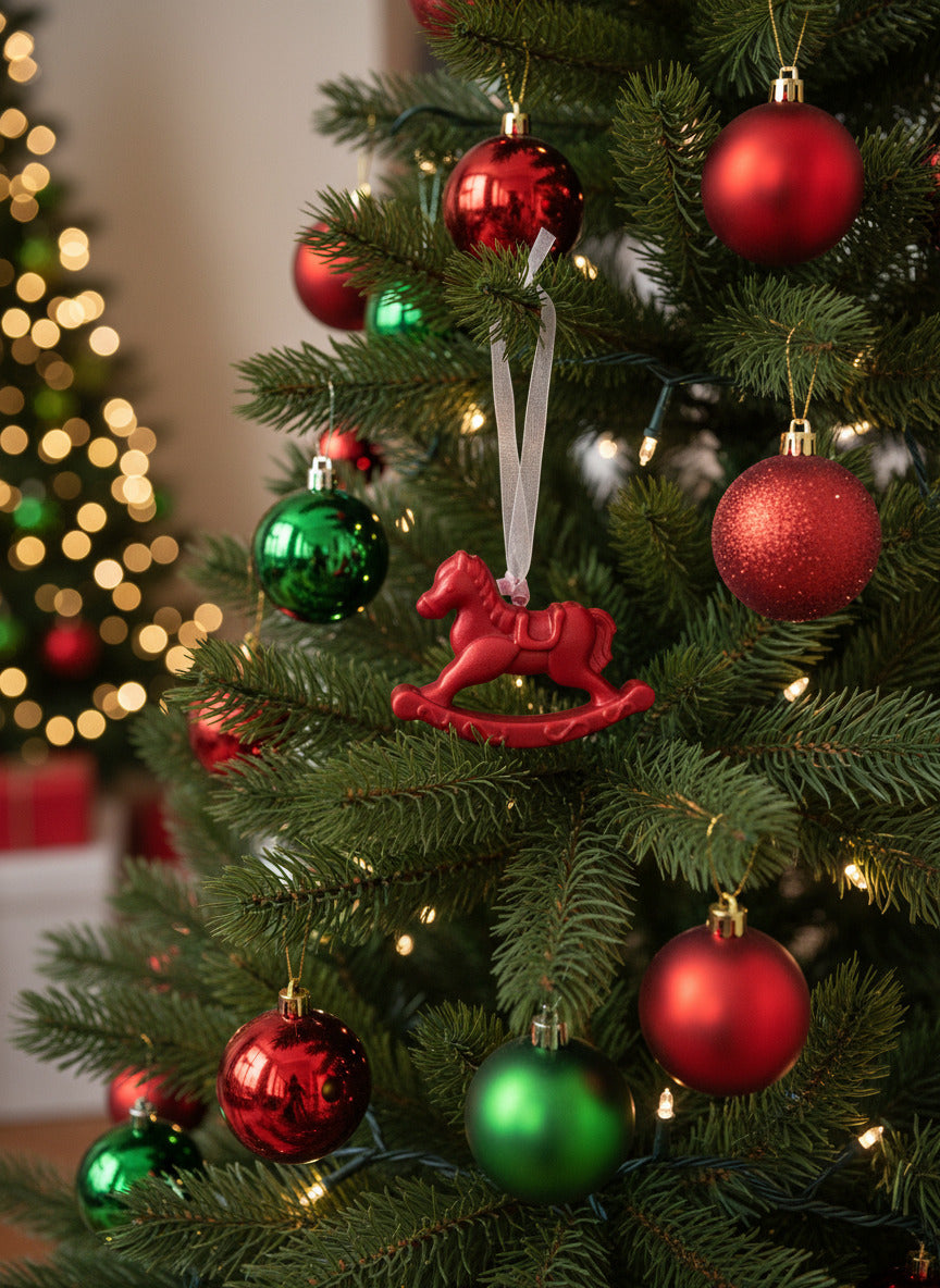 Red wax horse with a white ribbon on a gray background